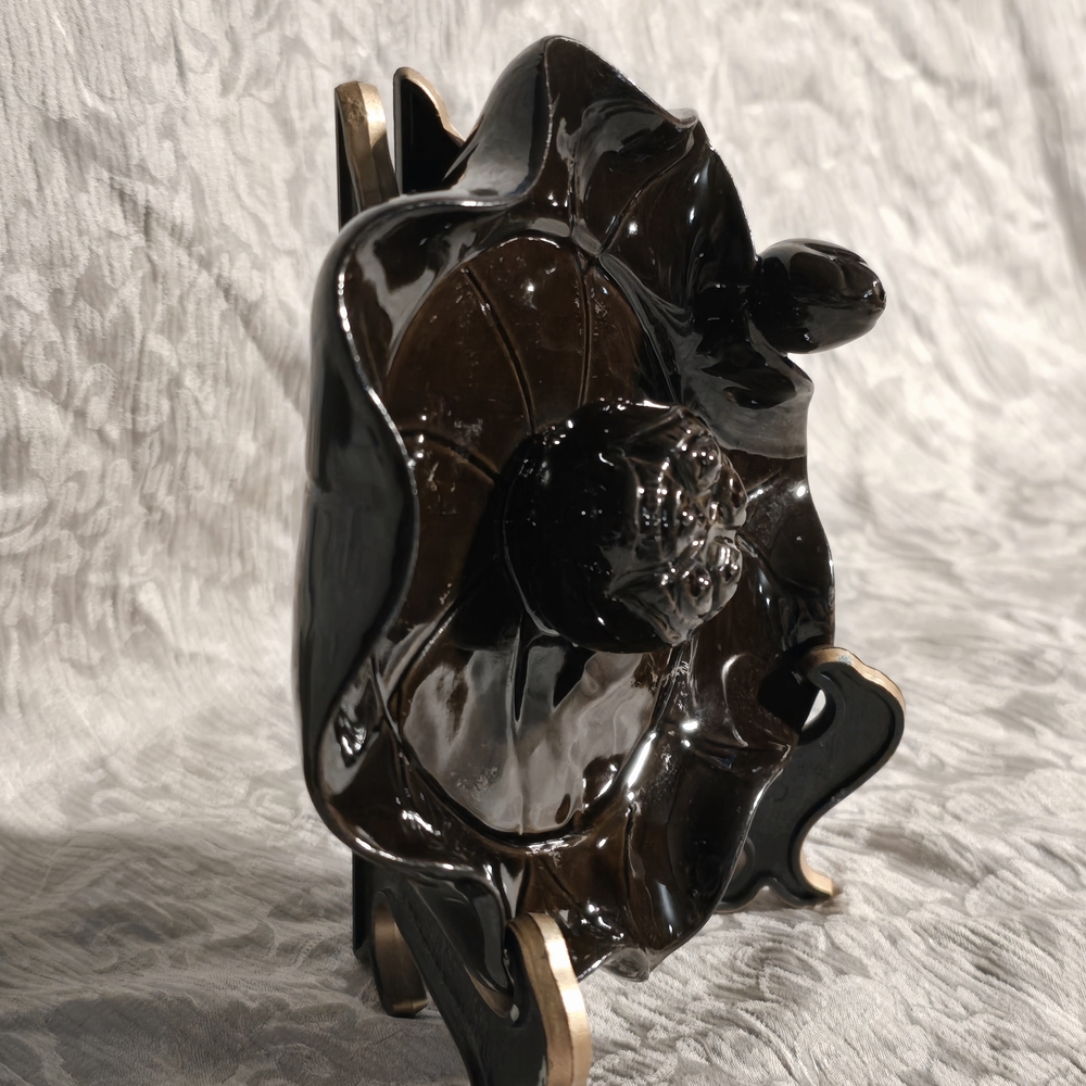 Ceramic Lotus Leaf Snail Incense Burner Stick Holder Dark Brown Glazed Dish